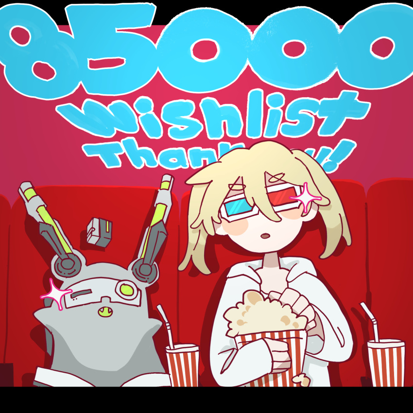 1girl, 3d_glasses, akutagawa_yomuko, alien, aqua-tinted_eyewear, artificial_eye, artist_request, blonde_hair, blush_stickers, book, chair, commentary, commentary_request, cube, cup, cyborg, disposable_cup, double-parted_bangs, drinking_straw, english_text, fangs, floating, floating_object, food, gogh:_focus_with_your_avatar, hair_between_eyes, highres, hood, hood_down, hooded_jacket, jacket, letterboxed, long_hair, mechanical_ears, mechanical_eye, milestone_celebration, mirakuro, movie_theater, official_art, on_chair, open_book, open_clothes, open_jacket, open_mouth, popcorn, red-tinted_eyewear, red_background, second-party_source, shadow, shirt, simple_background, sitting, sparkling_eyes, thank_you, tinted_eyewear, twintails, upper_body, watching, white-framed_eyewear, white_hood, white_jacket, white_shirt, white_sleeves