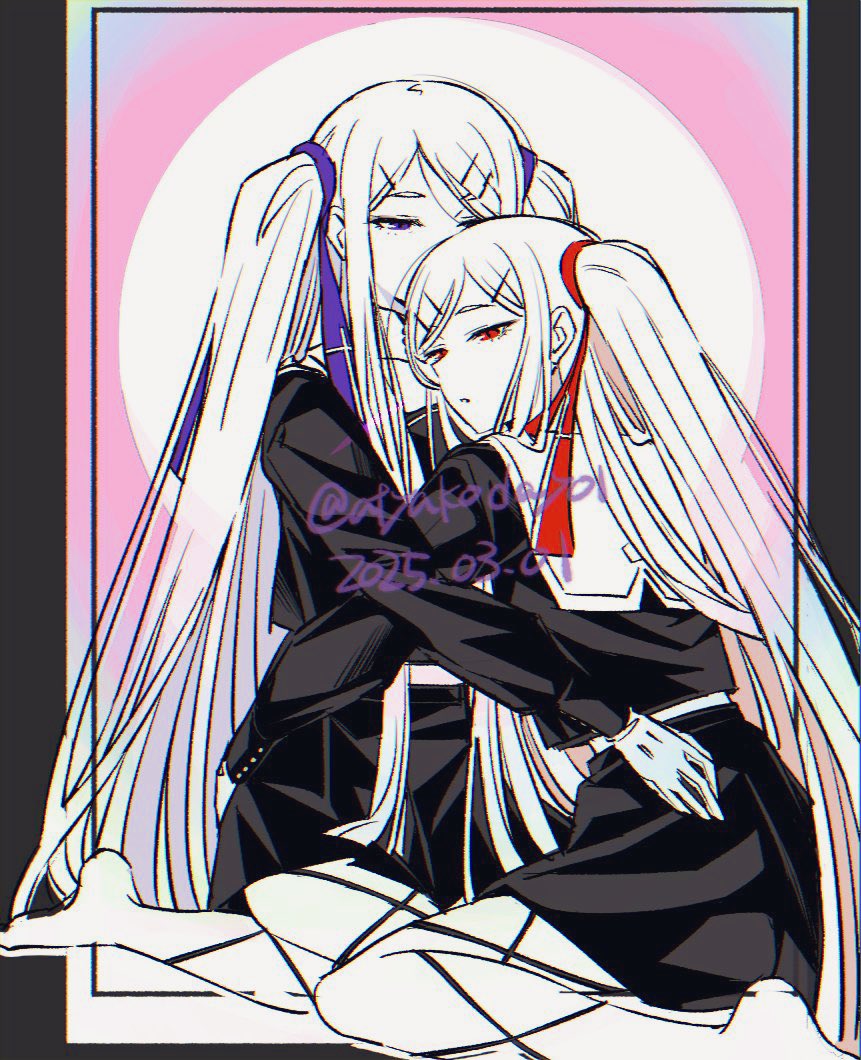 2girls, atyakodayo1, black_serafuku, black_shirt, black_skirt, foot_out_of_frame, geminism, gloves, gradient_background, hair_ribbon, half-closed_eyes, hirosoma_kikyou, hirosoma_shinku, hug, inset_border, long_hair, long_sleeves, looking_at_another, multiple_girls, mutual_hug, outside_border, parted_lips, pink_background, red_eyes, red_ribbon, ribbon, school_uniform, serafuku, shirt, siblings, sitting, skirt, swept_bangs, twins, twitter_username, two_side_up, very_long_hair, violet_eyes, wariza, white_background, white_hair