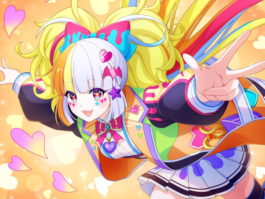 1girl, blonde_hair, blue_hair, blunt_bangs, bow, grey_hair, hair_bow, heart