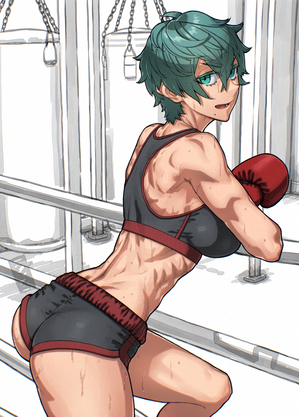 boxing, green_eyes, green_hair, highres, muscular, muscular_female, original, rggr
