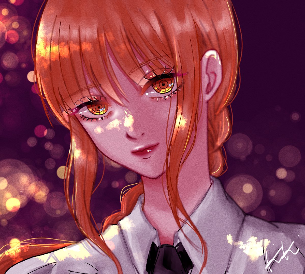 1girl, black_necktie, blunt_bangs, braid, braided_ponytail, chainsaw_man, collared_shirt, commentary_request