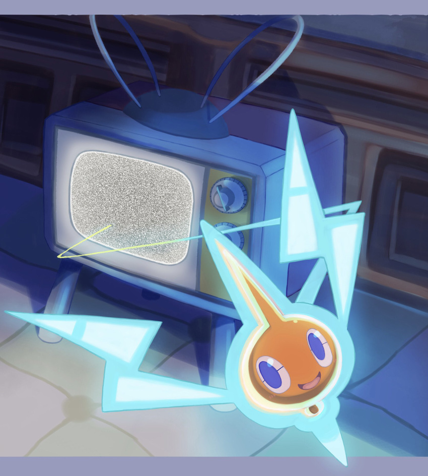 blue_eyes, commentary, crt, dial_television, dragon_star213, electricity, floating, highres