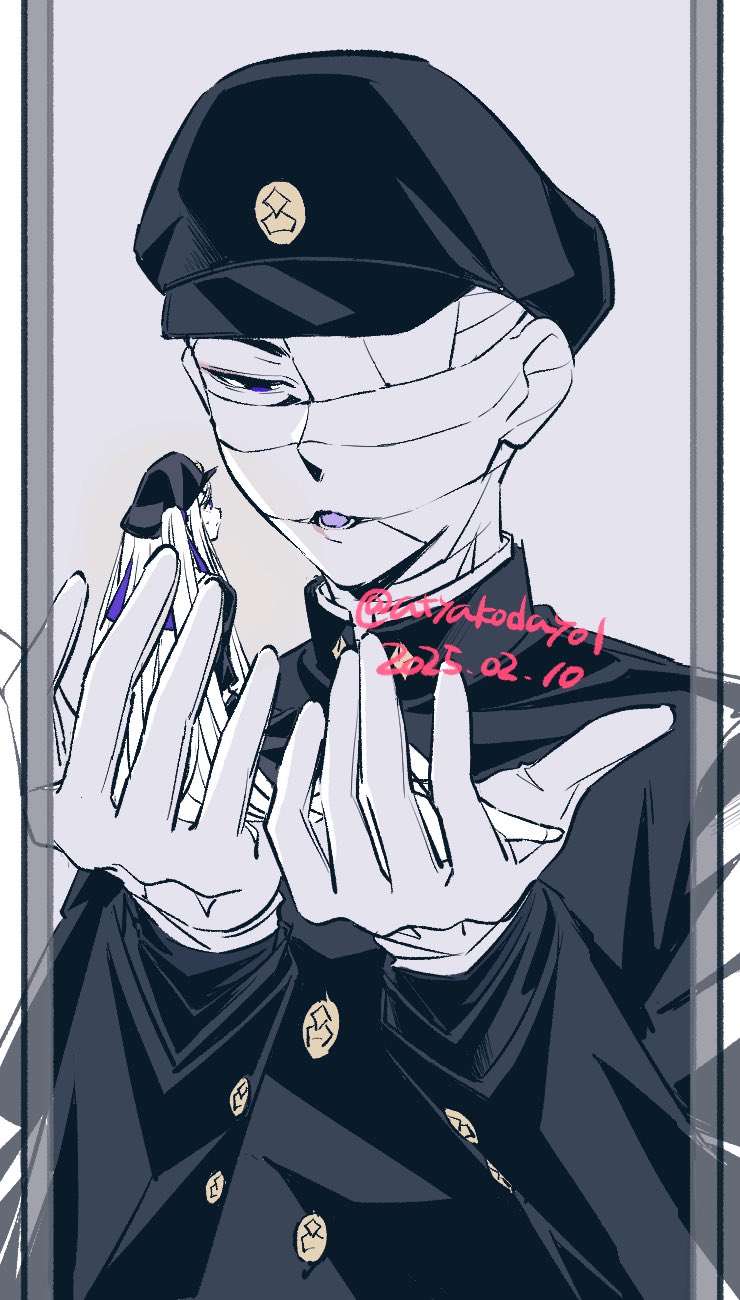 1boy, 1girl, atyakodayo1, bandaged_head, bandages, black_hat, black_jacket, border