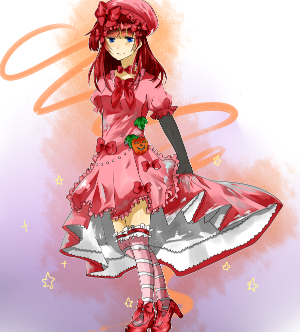bow, choker, cosplay, dress, elbow_gloves, gloves, hair_bow, hair_ornament, hair_ribbon, hat, lambdadelta, lambdadelta_(cosplay), mary_janes, meltykiss0316, red_hair, redhead, ribbon, shoes, solo, striped, striped_legwear, striped_thighhighs, umineko_no_naku_koro_ni, ushiromiya_ange