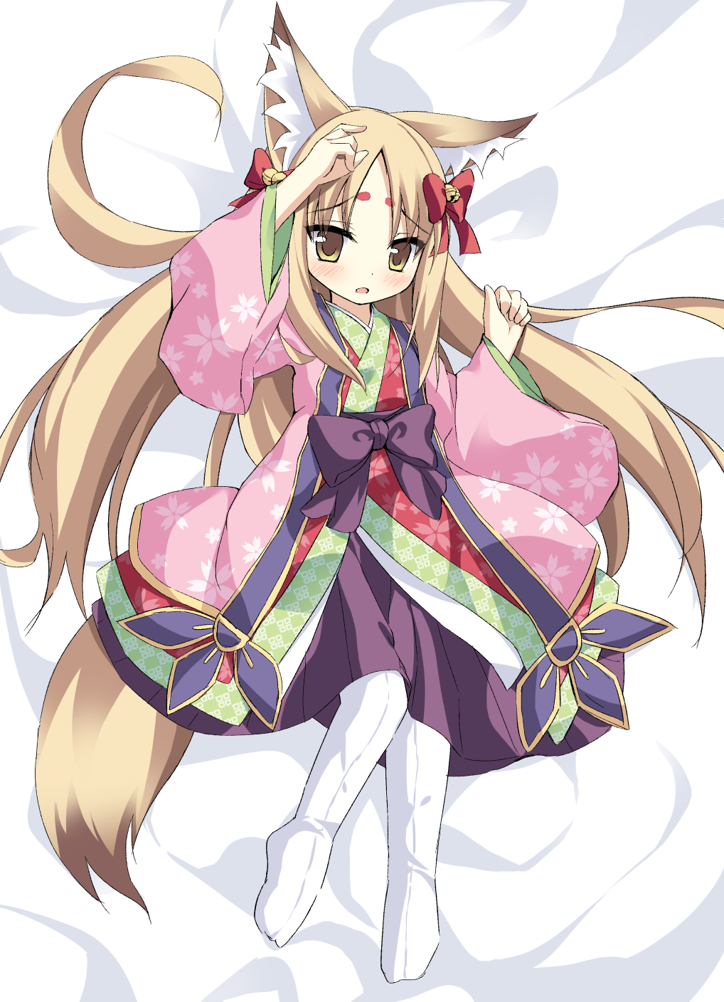 1girl, animal_ears, bed, bell, blonde_hair, brown_eyes, emil_chronicle_online, fox_ears