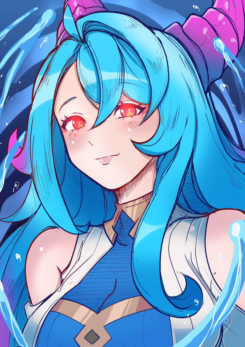 1girl, absurdres, ailheim, aqua_hair, bare_shoulders, closed_mouth, clothing_cutout, dragalia_lost