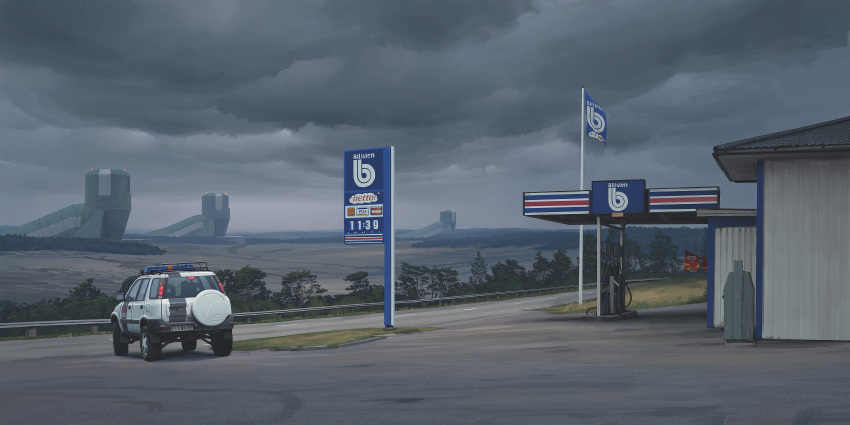 absurdres, building, car, clouds, cloudy_sky, flag, gas_station, highres
