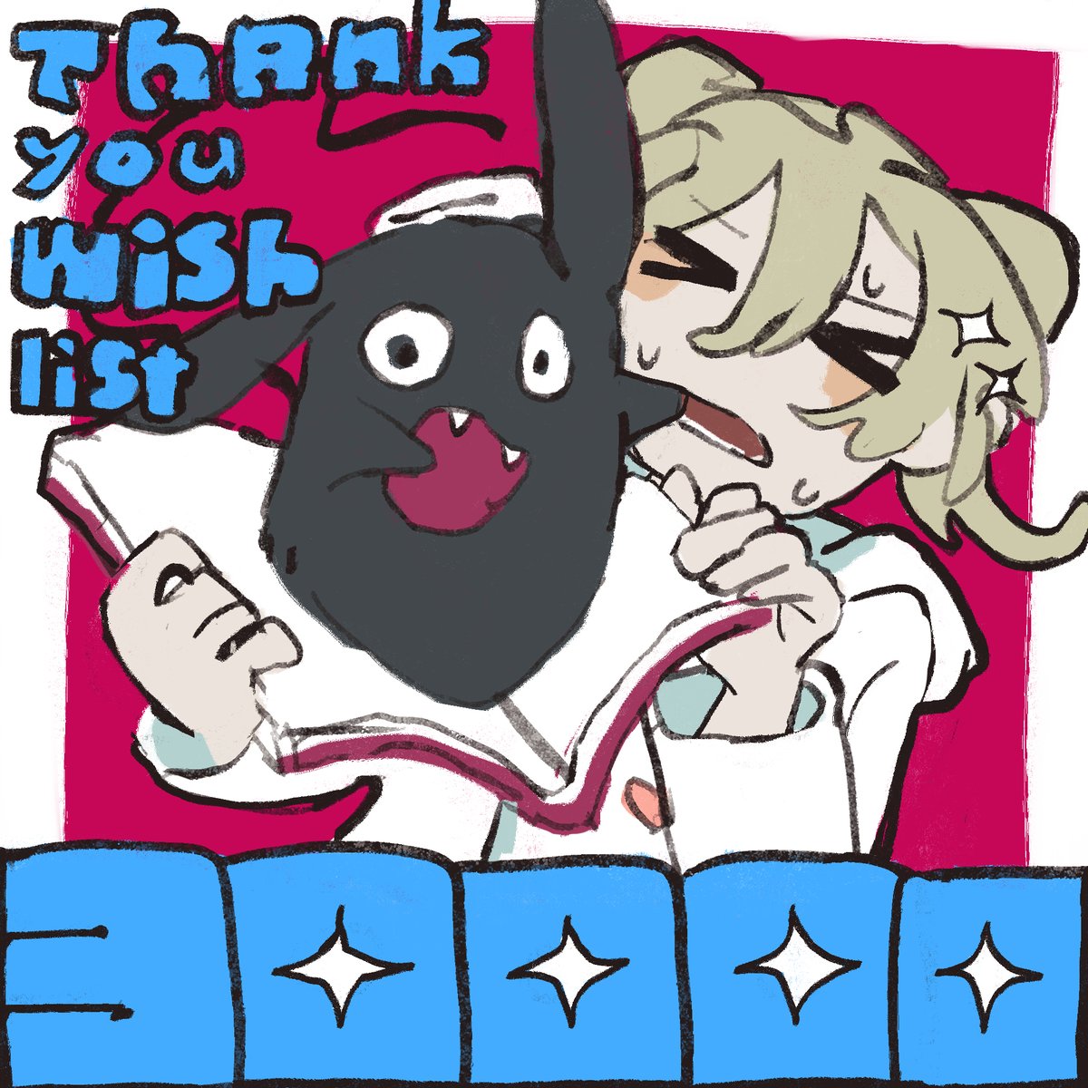 >_<, 1girl, akutagawa_yomuko, alien, animal_ears, artist_request, black_eyes, black_tail, blonde_hair, blush_stickers, book, border, closed_eyes, commentary, commentary_request, double-parted_bangs, english_text, eyes_over_blush, fangs, gogh:_focus_with_your_avatar, heart, heart_print, highres, holding, holding_book, hood, hood_down, hooded_jacket, jacket, kuroda_42, long_hair, long_tail, looking_at_viewer, lower_teeth_only, milestone_celebration, official_art, open_book, open_mouth, print_shirt, rabbit_ears, red_background, second-party_source, shirt, simple_background, sweatdrop, tail, teeth, thank_you, towel, towel_on_head, twintails, unzipped, upper_teeth_only, white_border, white_hood, white_jacket, white_shirt, white_sleeves