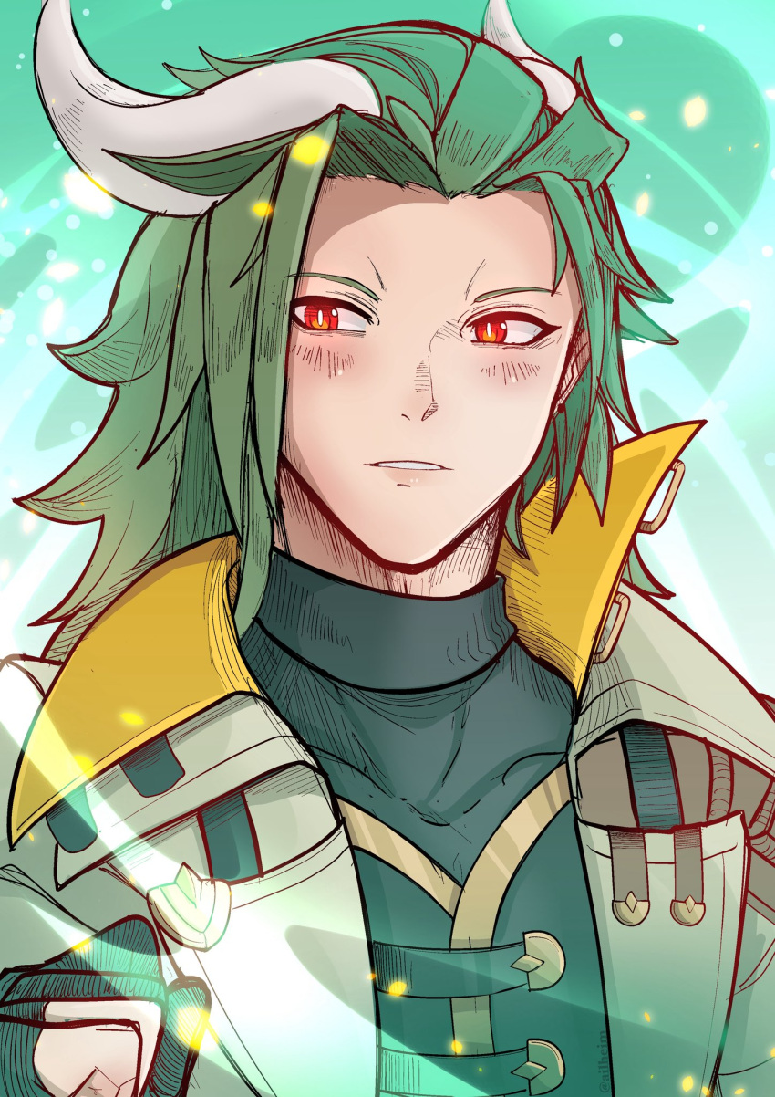 1boy, ailheim, coat, dragalia_lost, dragon_boy, dragon_horns, gloves, green_background