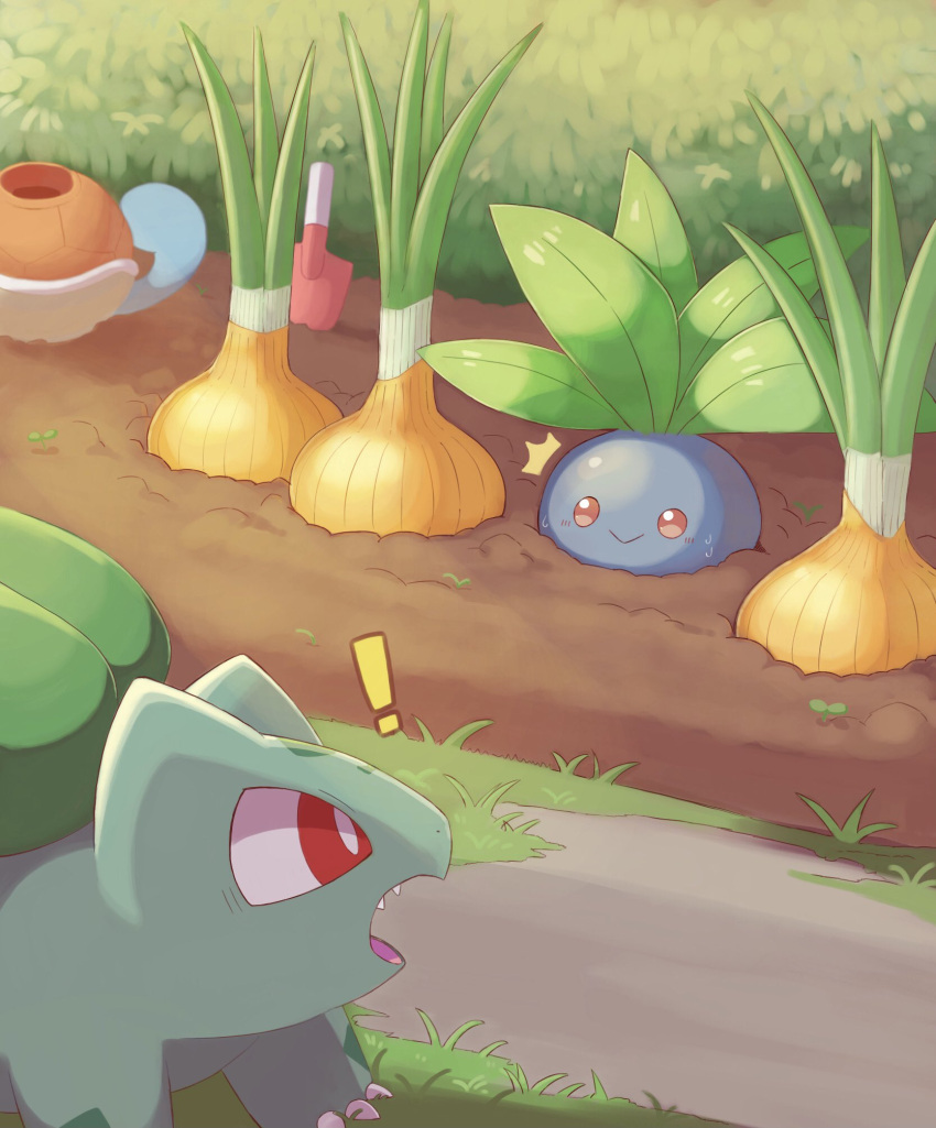 !, :>, ^^^, bud, bulbasaur, bush, claws, closed_mouth