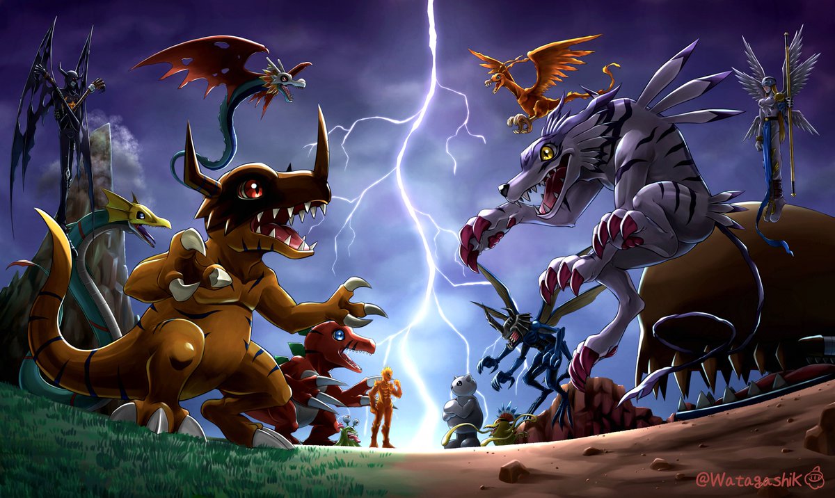 airdramon, angel, angemon, bird, birdramon, black_bodysuit, bodysuit, demon, devimon, digimon, digimon_(creature), dinosaur, dragon, feathers, fire, garurumon, greymon, group_picture, horns, lightning, meramon, numemon, red_eyes, red_feathers, sea_serpent, seadramon, sharp_teeth, slit_pupils, snowman, teeth, twitter_username, tyranomon, vegimon, watagashikn, whale, whamon, white_bodysuit, wolf, yellow_eyes, yukidarumon