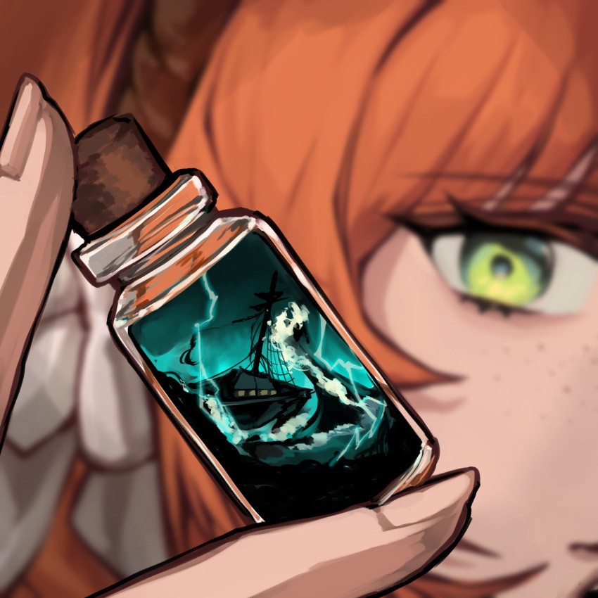 1girl, blurry, blurry_background, bow, cork, depth_of_field, freckles, green_eyes, hair_bow, headband, highres, ishmael_(project_moon), lightning, limbus_company, looking_at_object, mini_bottle, orange_hair, portrait, project_moon, ship, ship_in_a_bottle, silhouette, solo, storm, til_0816, water, watercraft