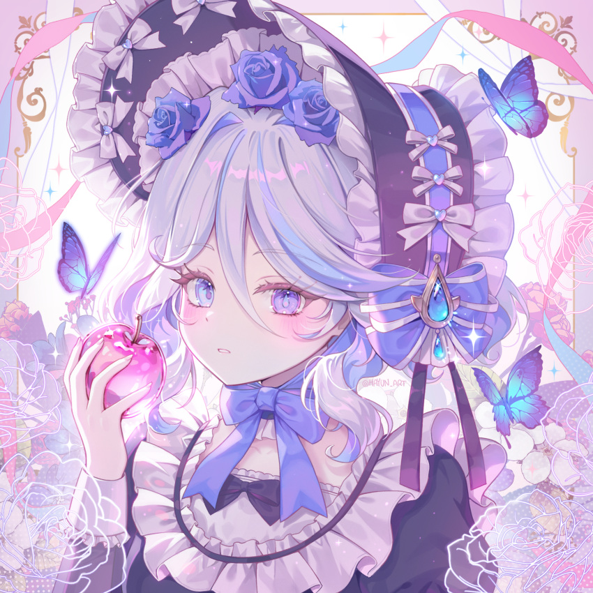 1girl, apple, black_bow, blue_bow, blue_butterfly, blue_eyes, blue_flower, blue_gemstone