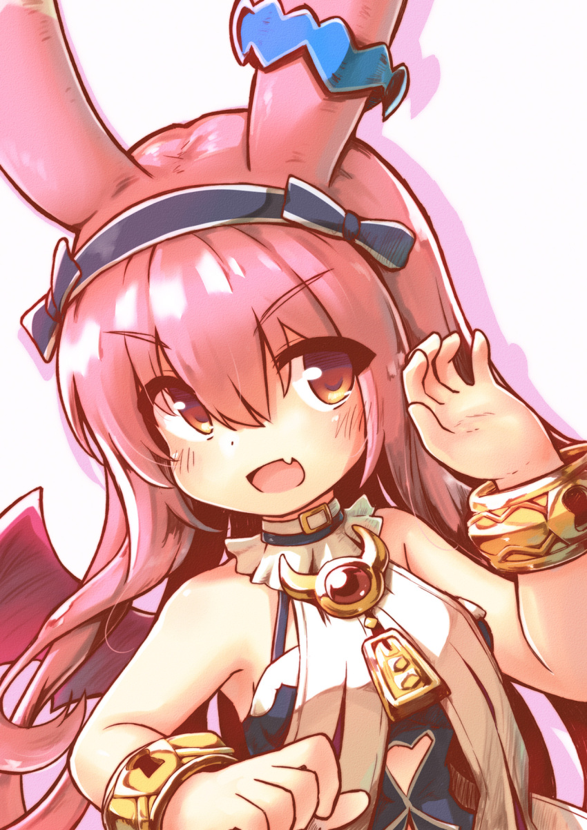 1girl, armpits, bare_shoulders, demon_wings, emil_chronicle_online, frilled_necktie, hairband, highres, kareya, looking_at_viewer, mitama_nanai, open_mouth, pink_hair, upper_body, wings, yellow_eyes