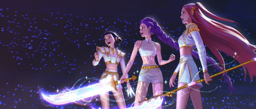 3girls, black_hair, body_markings, crop_top, cropped_jacket, crowd, dagger, dutch_braided_ponytail