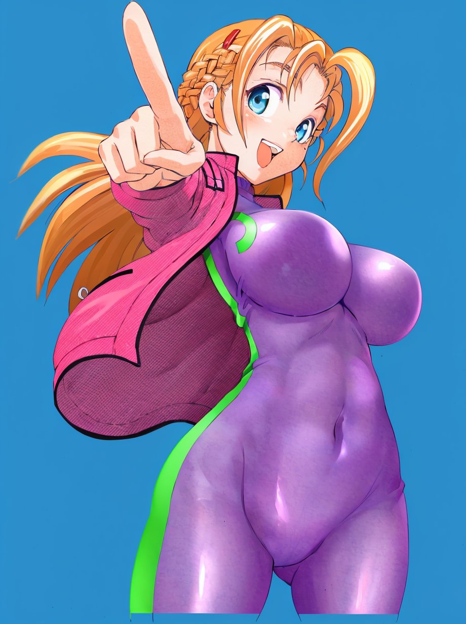 1girl, blonde_hair, blue_eyes, breasts, fuurinji_miu, highres, long_hair, looking_at_viewer, matsuena_shun, navel, open_mouth, pointing, shijou_saikyou_no_deshi_ken'ichi, simple_background, smile, solo, standing, stomach, teeth, thighs, tongue