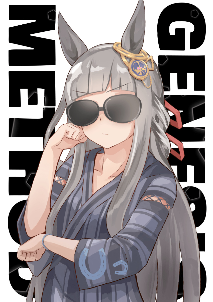 1girl, blunt_bangs, breasts, chrono_genesis_(umamusume), closed_mouth, grey_hair, hair_between_eyes, hair_ornament