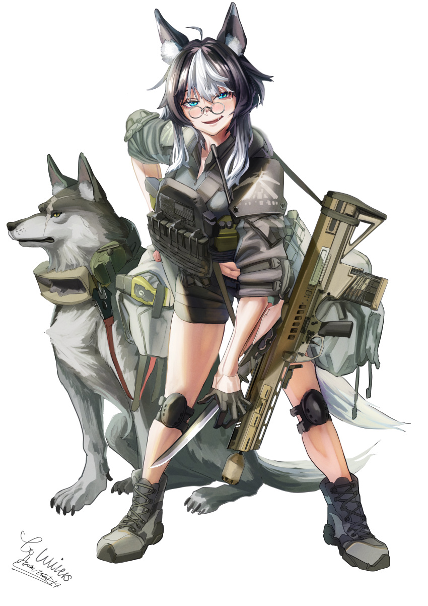 1girl, absurdres, ahoge, american_flag, ammunition_pouch, animal, animal_ear_fluff, animal_ears