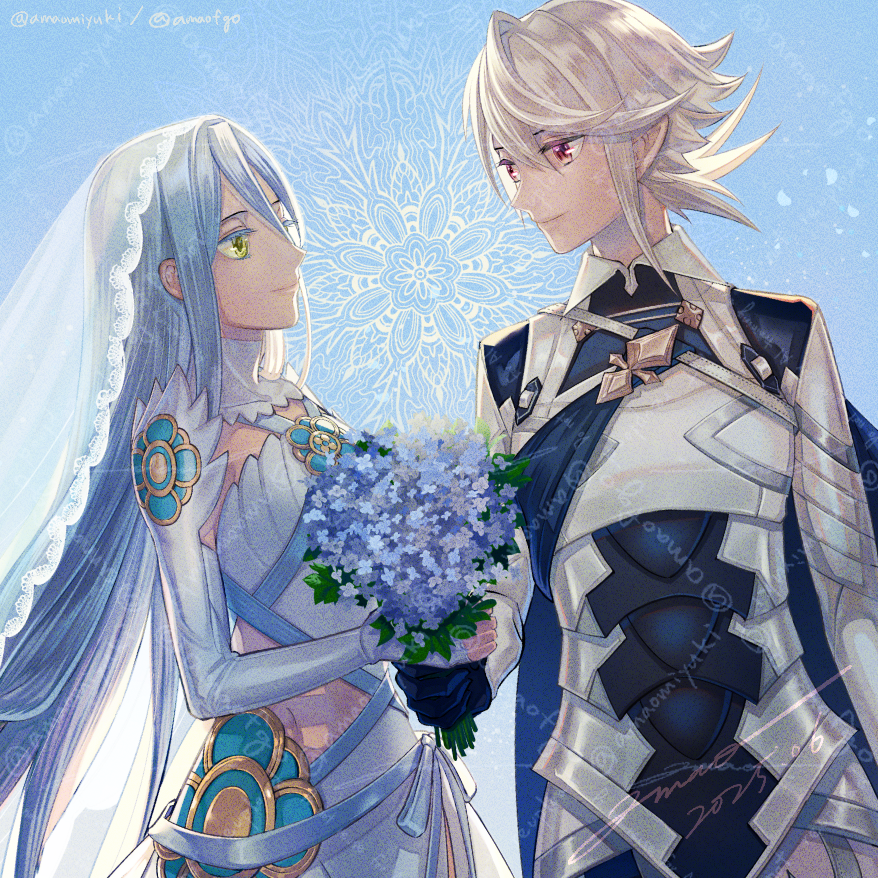 1boy, 1girl, amao_miyuki, armor, azura_(fire_emblem), blue_hair, bouquet, bridal_veil