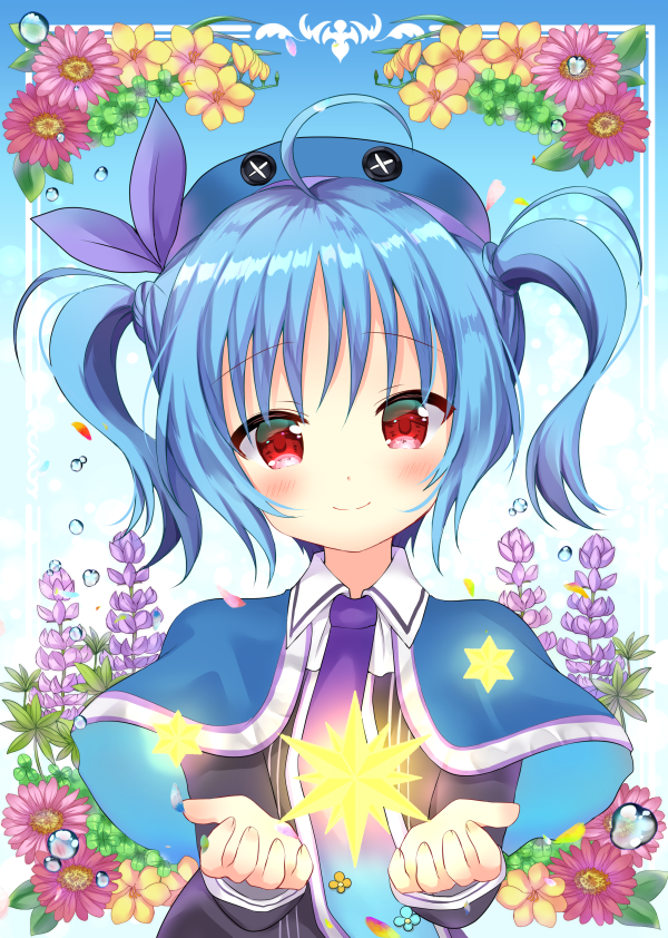 1girl, ahoge, blue_hair, cape, emil_chronicle_online, flower, hamico, hat, looking_at_viewer, necktie, pururu_alma, red_eyes, ribbon, smile, twintails, upper_body