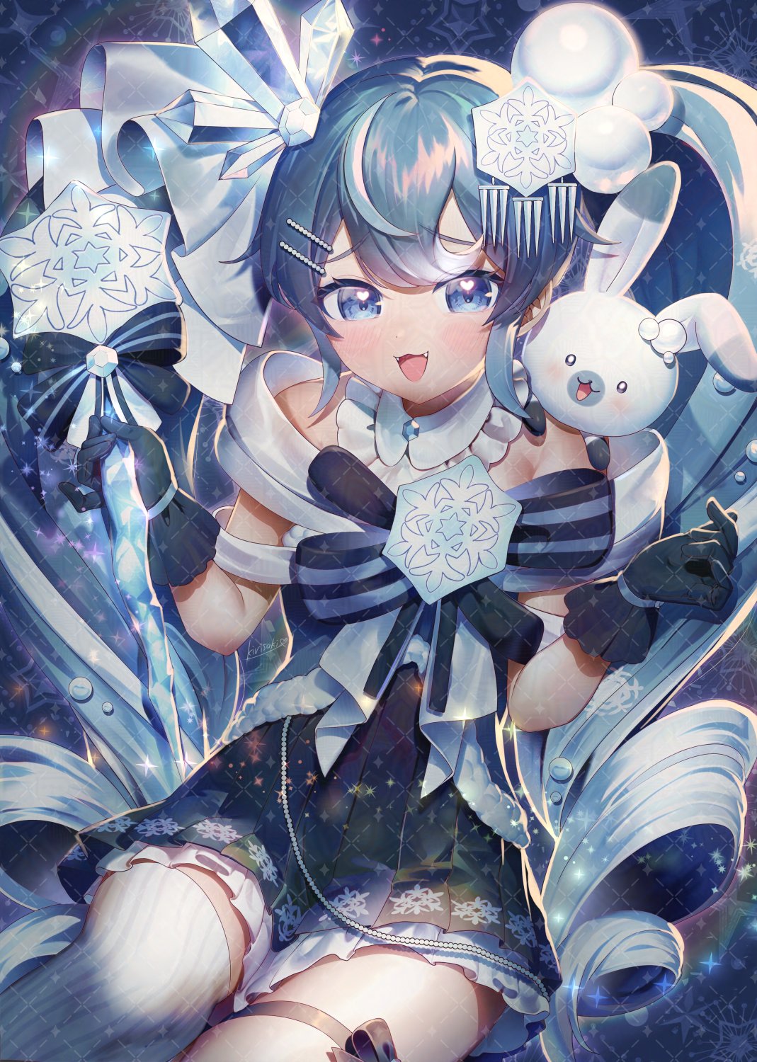 1girl, 1other, animal_ears, asymmetrical_legwear, bare_shoulders, black_gloves, black_skirt, blue_eyes