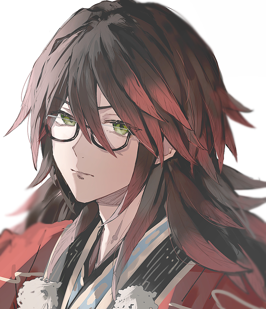 0404m, 1boy, black-framed_eyewear, black_hair, closed_mouth, commentary_request, glasses, gradient_hair, green_eyes, hair_between_eyes, japanese_clothes, kurama_(rune_factory), long_hair, looking_at_viewer, male_focus, multicolored_hair, red_hair, rune_factory, rune_factory:_guardians_of_azuma, semi-rimless_eyewear, simple_background, solo, two-tone_hair, under-rim_eyewear, upper_body, white_background