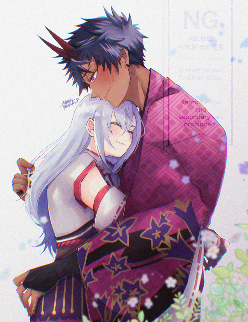 1boy, 1girl, blue_hair, blush, bridal_gauntlets, closed_eyes, closed_mouth, commentary_request