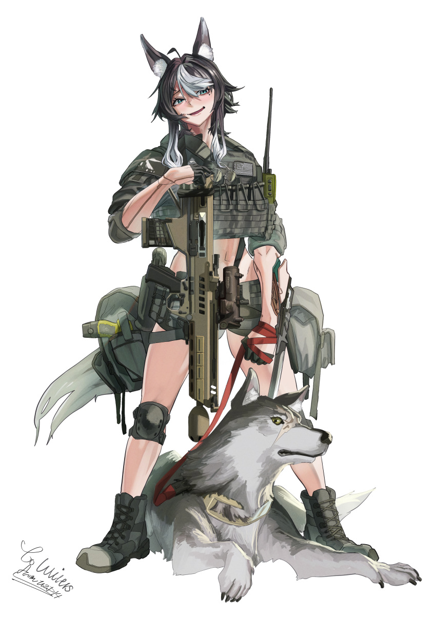 1girl, absurdres, ahoge, american_flag, ammunition_pouch, animal, animal_ear_fluff, animal_ears, assault_rifle, black_hair, blue_eyes, body_armor, bulletproof_vest, camouflage, combat_helmet, commission, cyberpunk, dog, fast_helmet, full_body, general_dynamics_ngsw, glasses, gun, helmet, highres, holding, holding_animal, holding_dog, holding_leash, holding_removed_eyewear, ko_winters, leash, load_bearing_vest, looking_at_viewer, military_combat_uniform, military_operator, military_uniform, mole, mole_under_eye, multicolored_hair, non-web_source, optical_sight, original, pet, pouch, rifle, round_eyewear, smug, solo, standing, streaked_hair, tactical_clothes, tail, third-party_source, unworn_eyewear, utsuda, walkie-talkie, weapon, white_hair, wolf_ears, wolf_girl, wolf_tail