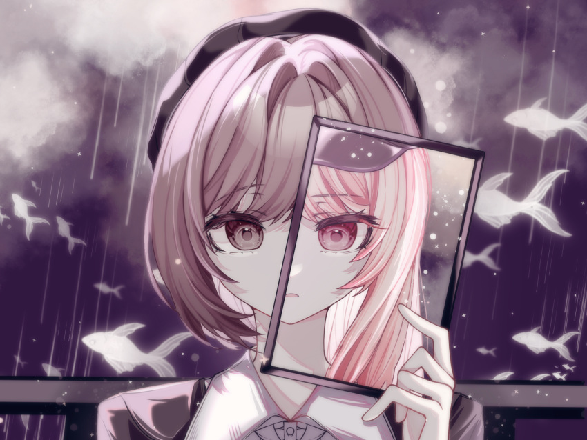 1girl, 1other, akiyama_mizuki, black_hat, black_jacket, bob_cut, brown_eyes, brown_hair