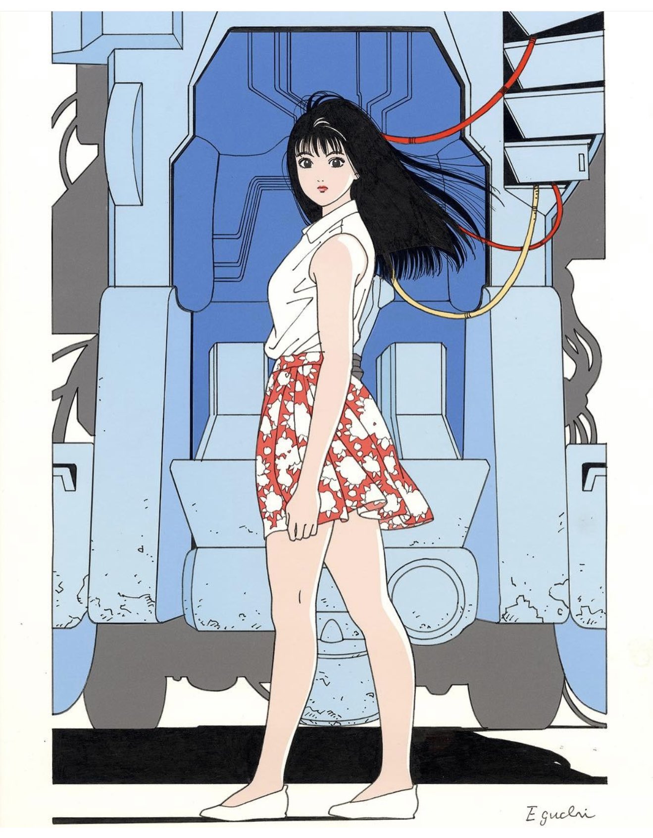 1990s_(style), 1girl, bare_shoulders, black_eyes, black_hair, breasts, closed_mouth, collared_shirt