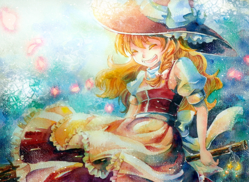 apron, blonde_hair, braid, broom, closed_eyes, dress, happy, hat