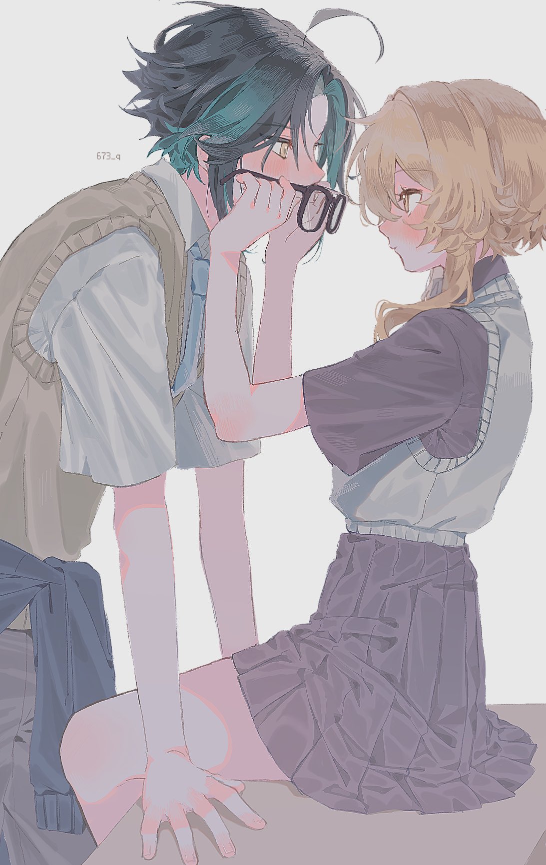 1boy, 1girl, 673_q, adjusting_another's_eyewear, ahoge, arm_support, black-framed_eyewear, black_hair, black_pants, black_shirt, black_skirt, blonde_hair, blue_jacket, blue_necktie, blush, brown_sweater_vest, closed_mouth, clothes_around_waist, collared_shirt, curtained_hair, face-to-face, feet_out_of_frame, fingernails, from_side, genshin_impact, glasses, green_hair, grey_background, hetero, highres, jacket, jacket_around_waist, leaning_forward, lumine_(genshin_impact), miniskirt, multicolored_hair, necktie, one_eye_closed, pants, pleated_skirt, profile, shirt, short_hair, short_hair_with_long_locks, short_sleeves, simple_background, sitting, skirt, standing, sweater_vest, table, twitter_username, two-tone_hair, white_shirt, white_sweater_vest, xiao_(genshin_impact), yellow_eyes