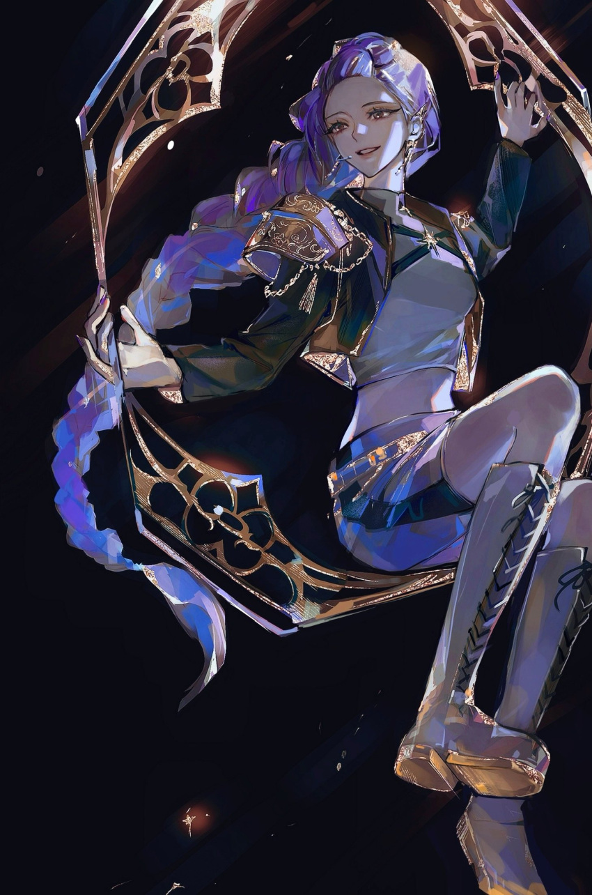 1girl, a197nri79he10ls, arm_up, black_jacket, boots, braid, brown_eyes, chain