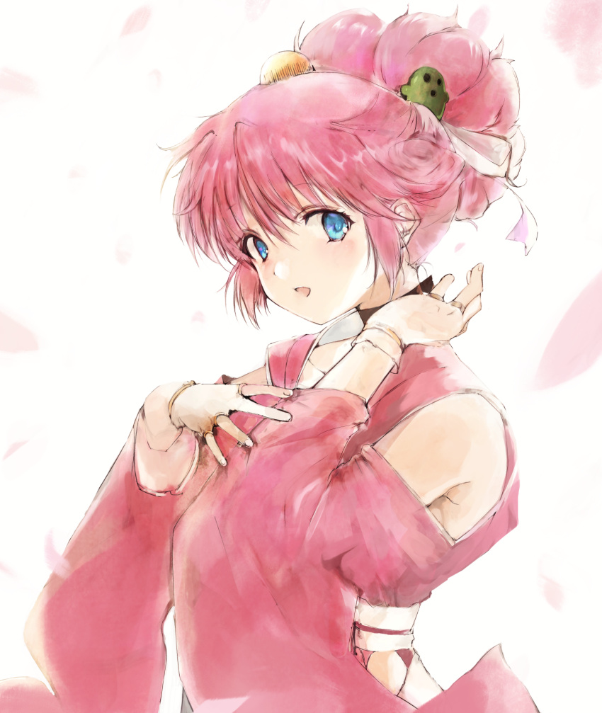 1girl, blue_eyes, blush, character_hair_ornament, fingerless_gloves, gloves, hair_ornament, hanny, highres, japanese_clothes, kimono, looking_at_viewer, open_mouth, petals, pink_hair, pink_kimono, rance_(series), sengoku_rance, sill_plain, smile, solo, tsutsugano, updo, upper_body