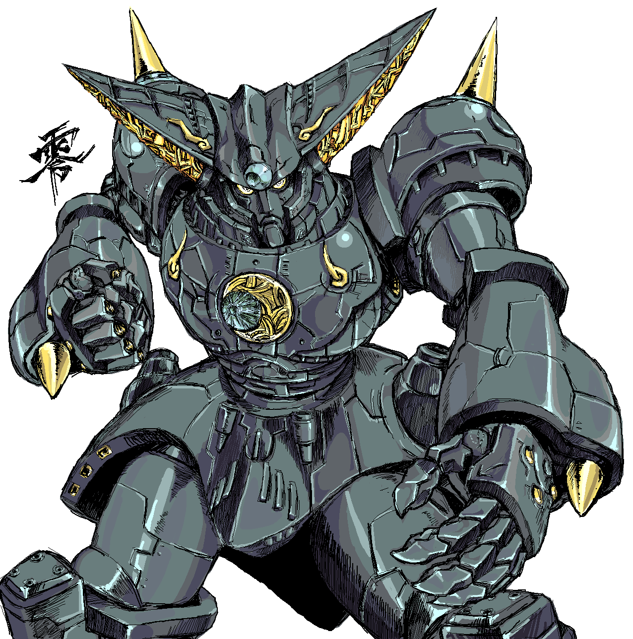 clenched_hand, coso-ri, fighting_stance, highres, looking_at_viewer, mikazuki_zero, sanding, tekkouki_mikazuki, tokusatsu, white_background, yellow_eyes