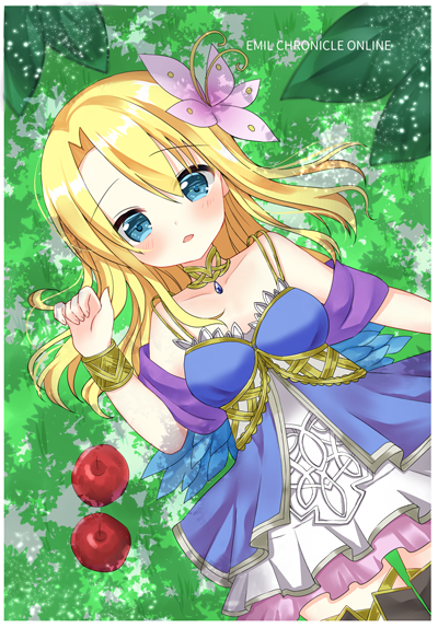 1girl, apple, bare_shoulders, blonde_hair, blue_dress, blue_eyes, dress, emil_chronicle_online, flower, food, forest, frilled_skirt, frills, fruit, hair_flower, hair_ornament, hamico, le_fay_lore, lying, nature, on_back, open_mouth, skirt