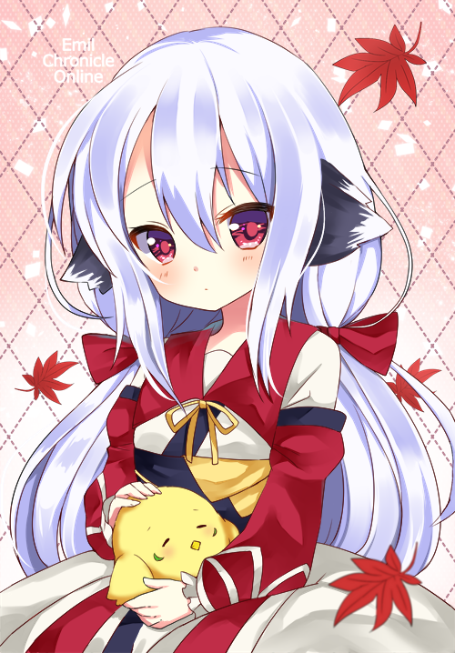 1girl, akari_(eco), animal, animal_ears, baby_animal, bird, chick, emil_chronicle_online, hamico, holding, holding_animal, japanese_clothes, leaf, long_hair, maple_leaf, red_eyes, sitting, upper_body, white_hair