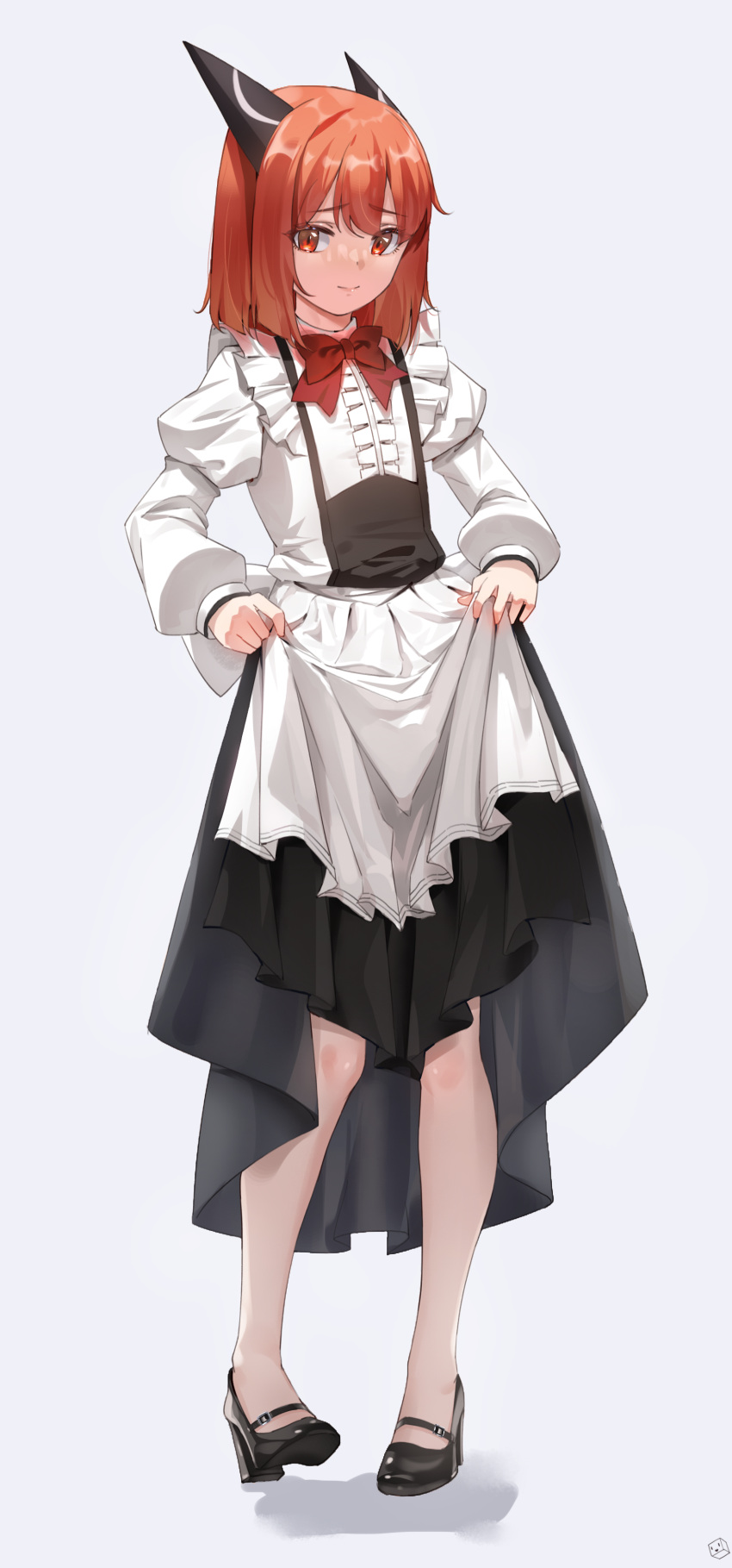1girl, absurdres, bow, bowtie, clothes_lift, dragon_horns, dress, dress_lift, frilled_dress, frills, high_heels, highres, horns, kuuhaku_(pskf2372), laika_(slime_taoshite_300_nen), lifting_own_clothes, looking_at_viewer, maid, medium_hair, red_bow, red_bowtie, red_eyes, red_hair, slime_taoshite_300_nen_shiranai_uchi_ni_level_max_ni_nattemashita, solo, standing, white_background