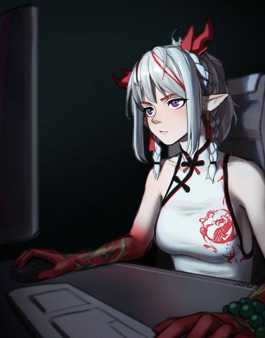 1girl, absurdres, ahoge, arknights, bare_shoulders, braid, breasts, china_dress