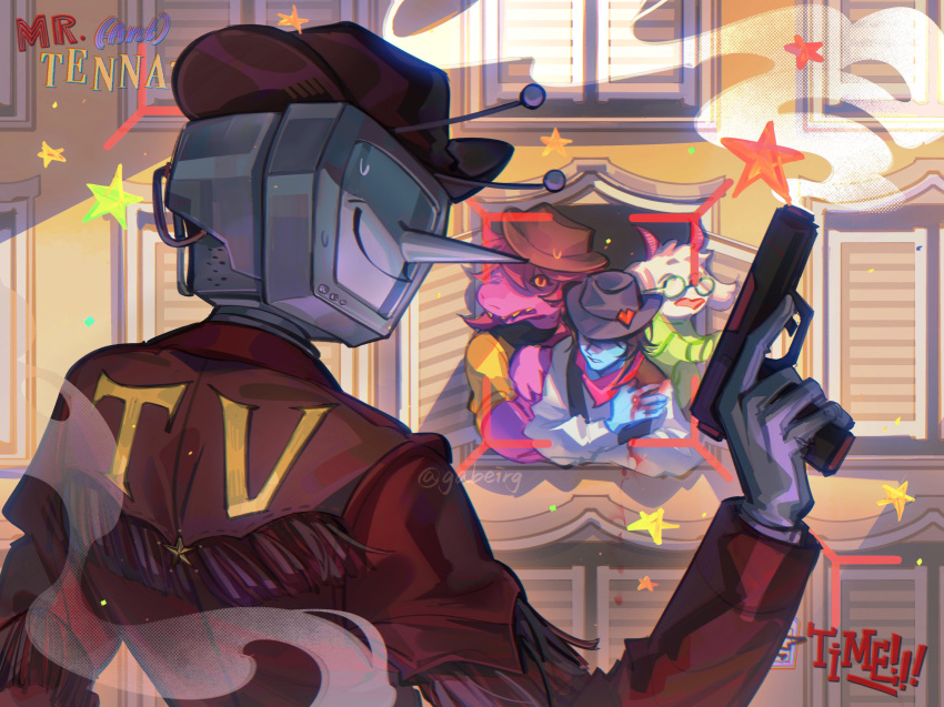 1girl, 1other, 2boys, absurdres, ant_tenna, black_hat, black_vest, blood