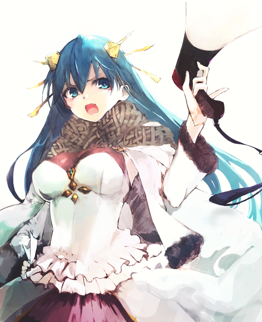 1girl, blue_eyes, blue_hair, breasts, dress, hair_ornament, highres, holding