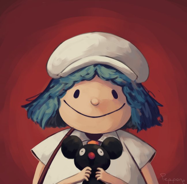 1girl, bag, beret, black_eyes, blue_hair, city_(arawi_keiichi), handbag, happy