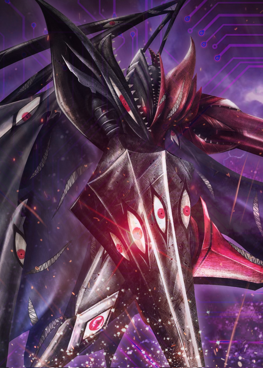 abbadomon, abbadomon_core, arm_blade, arm_cannon, black_cape, black_skin, cape, colored_skin, digimon, digimon_(creature), extra_eyes, extra_mouth, glowing, glowing_eyes, highres, joker_ko1118, multicolored_skin, polearm, red_eyes, red_skin, redrawn, sharp_teeth, solo, spear, teeth, two-tone_skin, weapon