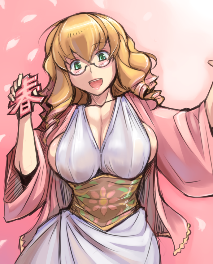 bespectacled, blonde_hair, blush, breasts, cleavage, cosplay, glasses, green_eyes, haru-chan, haru-chan_(cosplay), hina_ichigo, large_breasts, nippon_housou_kyoukai, open_mouth, rozen_maiden, rozenweapon, sideboob, smile, solo