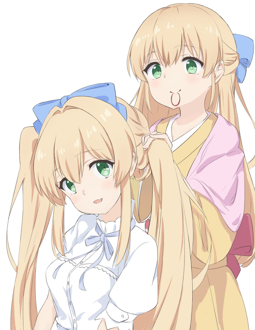 2girls, back_bow, blue_bow, blue_ribbon, blush, bow, bunching_hair, closed_mouth, commentary_request, cowboy_shot, domotteru, dual_persona, hair_between_eyes, hair_bow, hair_intakes, hair_tie_in_mouth, half_updo, highres, japanese_clothes, kimono, long_hair, long_sleeves, looking_at_another, looking_at_viewer, looking_down, mouth_hold, multiple_girls, neck_ribbon, open_mouth, pink_shawl, red_bow, ribbon, ringed_eyes, shawl, shirt, short_sleeves, sidelocks, simple_background, smile, split_mouth, spoilers, summer_pockets, tsumugi_wenders, twintails, upper_body, very_long_hair, white_background, white_shirt, wide_sleeves, yellow_kimono