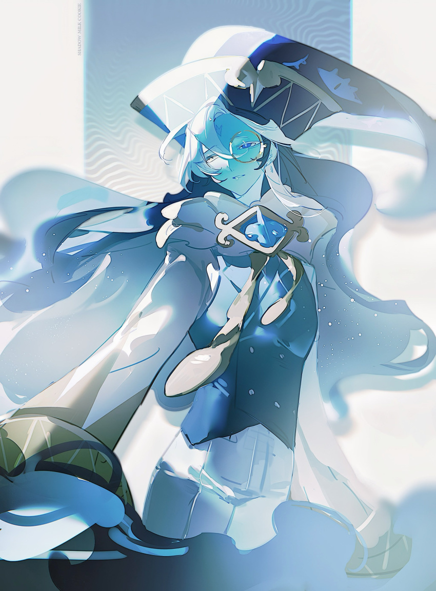 1boy, absurdres, arms_at_sides, black_hat, blue_background, blue_brooch, blue_eyes, blue_hair