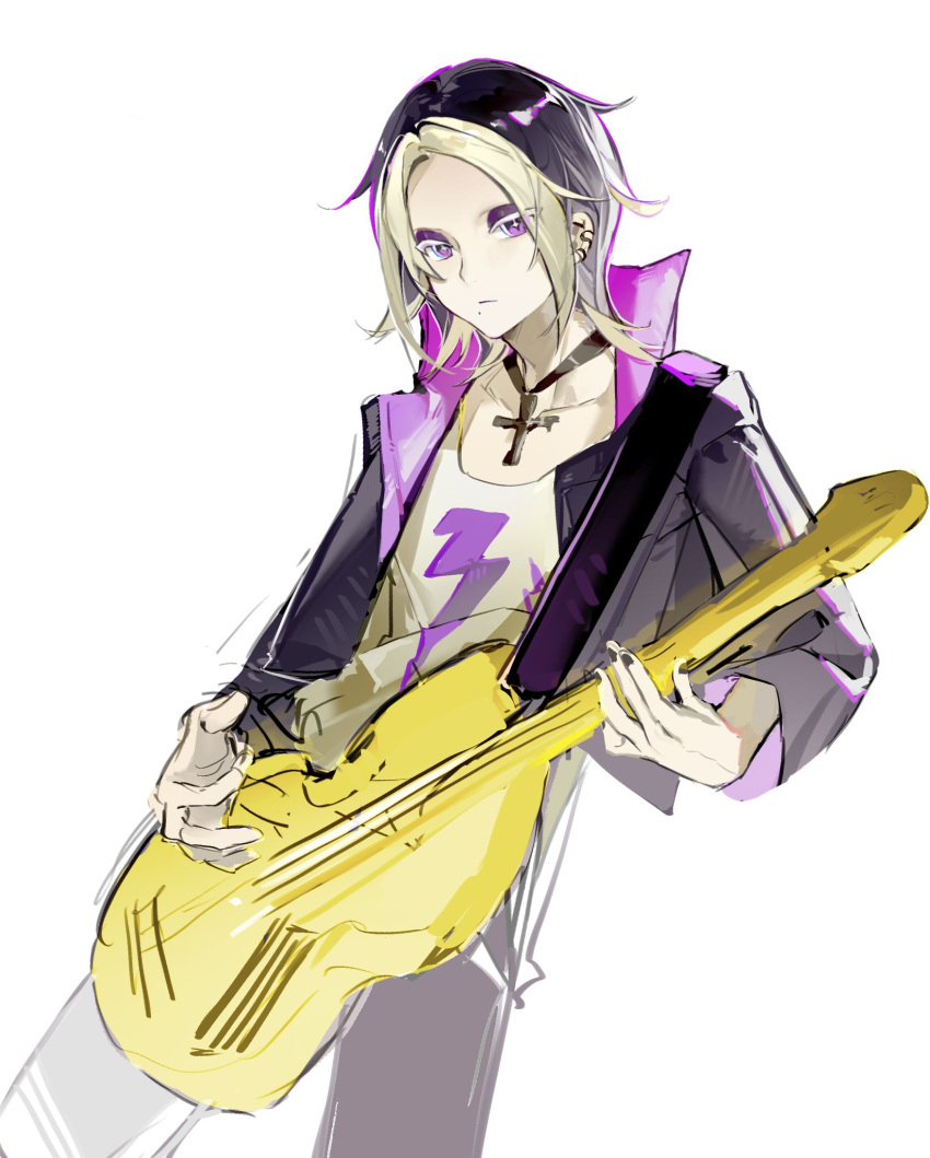 1boy, black_hair, black_jacket, black_lemonade_cookie, black_nails, black_pants, blonde_hair, closed_mouth