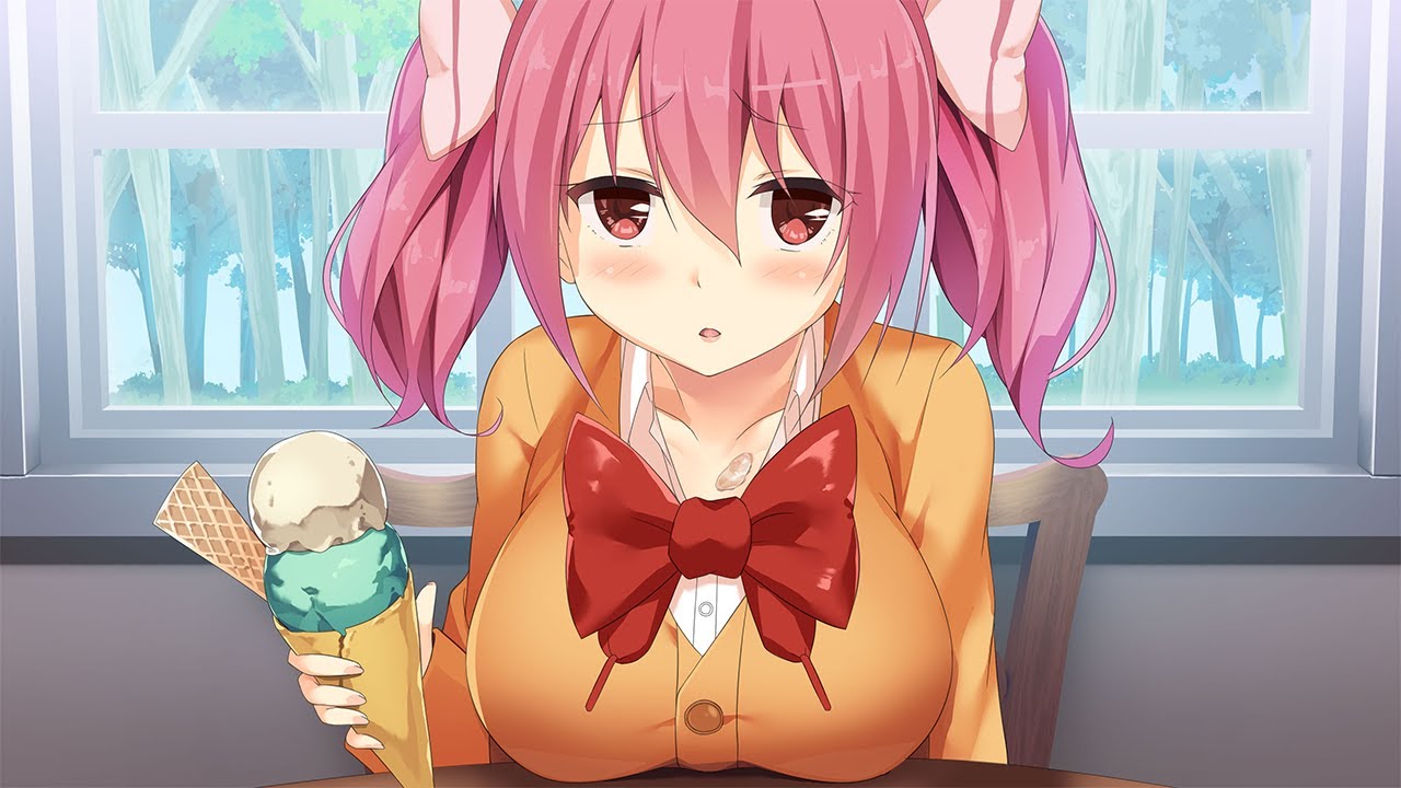 1girl, blush, bow, bowtie, breasts, chair, commentary, english_commentary