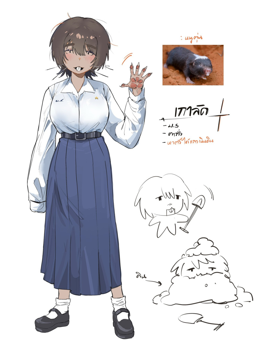 1girl, blush, brown_eyes, brown_hair, buck_teeth, character_name, collared_shirt, full_body