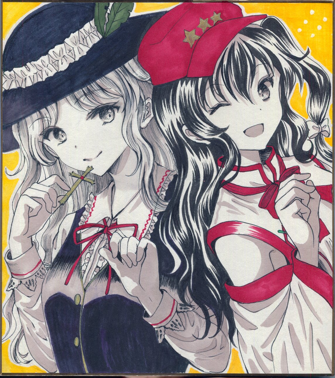 2girls, :d, black_hair, black_hat, black_vest, breasts, closed_mouth, collared_shirt